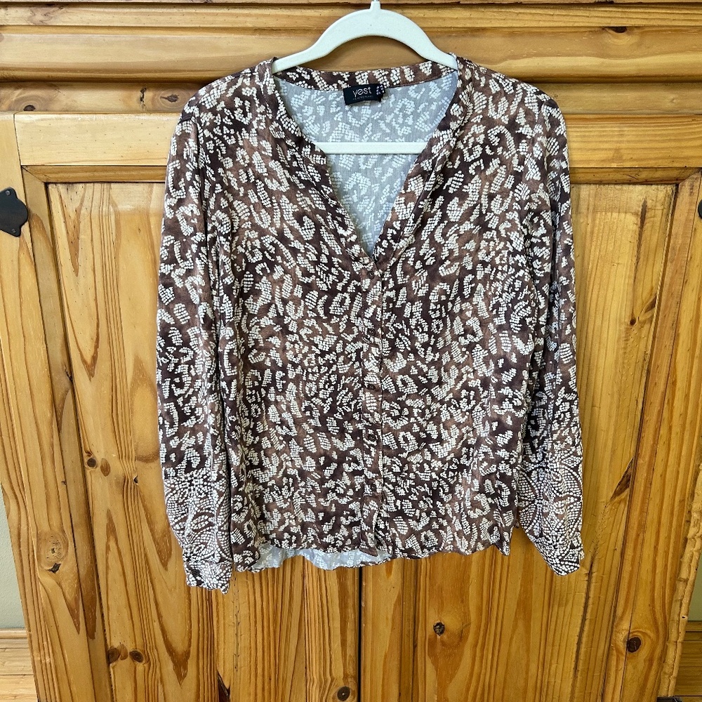 Yest Blouse 100% Viscose Button Up V Neck Lightweight‎ Top Brown/White Size 8